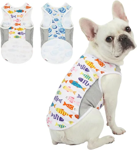 Vista 33 de Camiseta para perro con protección solar UPF 50+, paquete de 2 chalecos ligeros sin mangas para perros pequeños y niñas, tiras reflectantes, ropa