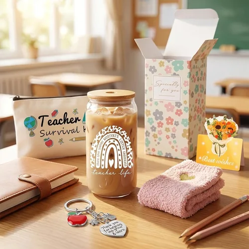 Vista 2 de 8 PCS Mejor Juego de Regalo para Profesoras 16oz Vaso de Café de Vidrio con Tapa y Pajita, Calcetines Acolchados, Bolsa de Regalo, Llavero y Tarjeta