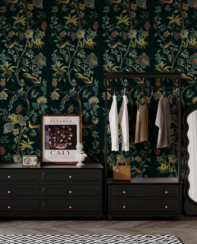 Vista 4 de Toduso Papel tapiz para despegar y pegar, papel tapiz floral vintage, papel de contacto con flores verdes, pájaros, árbol, papel de contacto