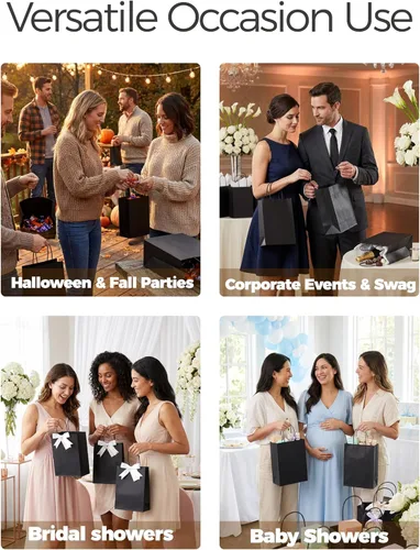 Vista 4 de SUNCOLOR Paquete de 24 bolsas de regalo negras con asas, bolsas de regalo de 8 pulgadas para bolsa de recuerdo de fiesta, Halloween, bodas y eventos