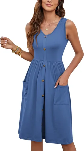 Vista 2 de MOLERANI Vestido de verano para mujer, sin mangas, estilo casual, suelto, con vuelo, botones, midi, con bolsillos 01-beja Blue