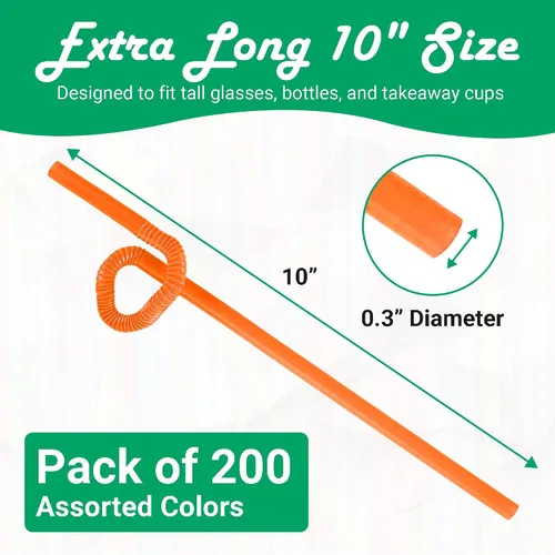 Vista 2 de Concession Essentials Surtido de pajitas de plástico flexibles artísticas de 10 pulgadas – 200 popotes de colores envueltos en neón flexibles
