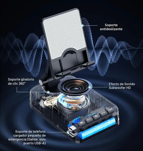 Vista 3 de Regalos para hombres y mujeres, soporte para teléfono con altavoz Bluetooth y función de carga, ángulo rotatorio de 360° ajustable, soporte