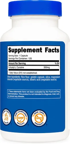 Vista 5 de Nutricost N-acetil L-tirosina (NALT) 350 mg, 120 cápsulas (3 botellas) - Sin gluten, sin OMG GMO-Free