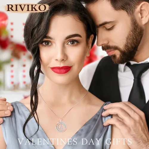 Vista 3 de RIVIKO Regalos de San Valentín para ella, collares de plata esterlina 925 con inicial de círculo de rosas, collares con dije de letra inicial