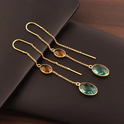 Vista 4 de Guntaas - Pendientes ovalados de doble piedra de cuarzo citrino aguamarina, chapados en oro, chapados en oro, colgantes de cadena larga, Earrings