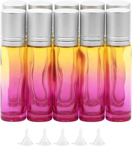 Vista 10 de Juego de 10 botellas enrollables de vidrio, 0.3 fl oz (1/3 onza), tarros de rodillo de gradiente azul con abridor de embudos, frascos de vidrio