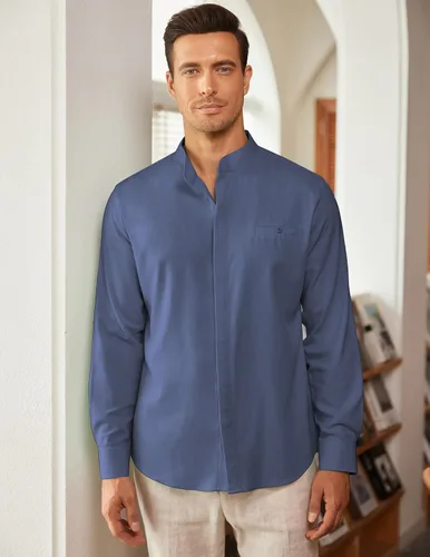 Vista 2 de COOFANDY Camisas de lino de manga larga con cuello de banda, camisas casuales con botones para hombre