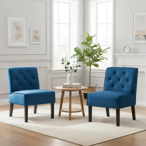 Vista 15 de Container Furniture Direct Reese - Silla moderna de mediados de siglo para sala de estar, sin brazos, con botones y patas de madera maciza, 2 azul