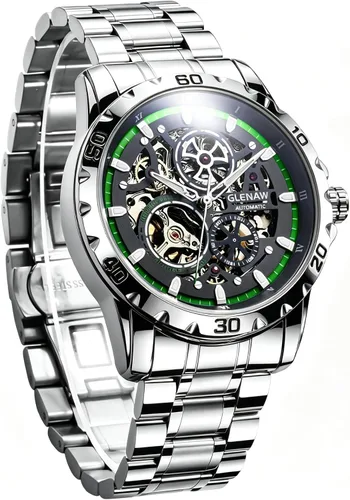 Vista 9 de Relojes automáticos para hombre, cuerda automática mecánica, esfera de esqueleto, resistente al agua a 30 ATM, con correa de acero inoxidable, reloj