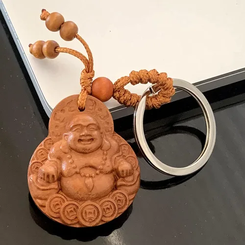 Vista 3 de Betterdecor Feng Shui Peach Wood Money Happy Laughing Buddha Key Ring Amulet for Wealth Luck