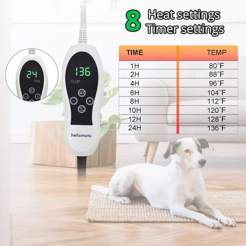 Vista 3 de HELLOMOTO Almohadilla térmica para mascotas, 12 ajustes de calor, almohadilla térmica para perros y gatos con temporizador, almohadillas eléctricas