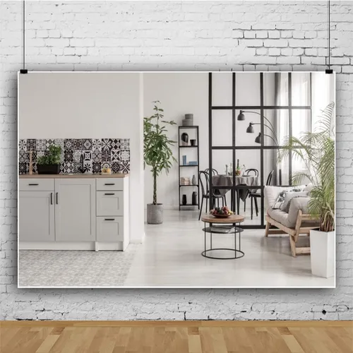 Vista 3 de Fondo de fotografía moderno y acogedor para sala de estar, de 5 x 3 pies, sofá limpio y ordenado, fondo de cocina abierta, trabajo en casa