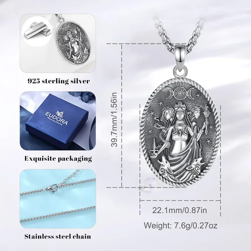 Vista 142 de EUDORA Collar de plata de ley 925 con moneda Hécate, Athena, Perséfono, Nyx, diosa de la luna triple, diosa celta, rueda de Hécate, llave, regalo