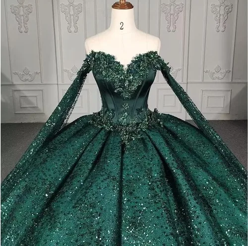 Vista 3 de Capa de tul con lentejuelas con purpurina y hombros descubiertos, vestidos de quinceañera, vestido de baile, vestido de desfile para mujer