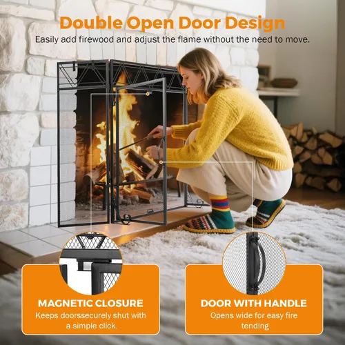 Vista 4 de BEAMNOVA - Pantalla para chimenea de 50.2 x 34.3 pulgadas, color negro, con puertas y herramientas, protector contra chispas de 3 paneles, plegable