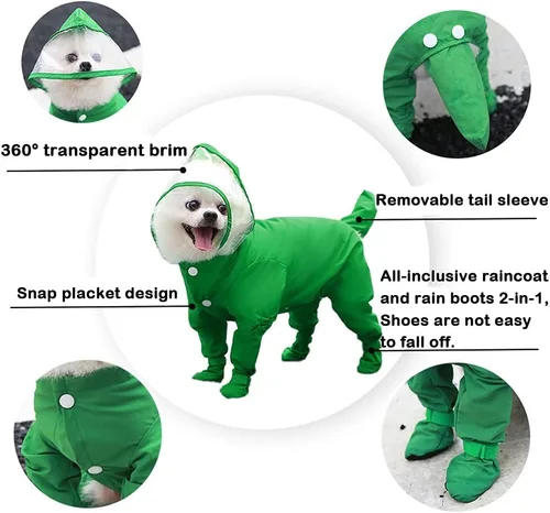 Vista 4 de HongGun Impermeable para perro, impermeable para cachorros, con capucha, mameluco para perro, chaqueta impermeable y botas de lluvia, overol