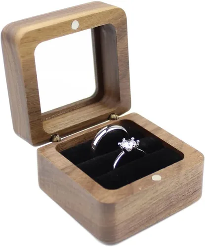 Vista 3 de Caja de anillos de madera cuadrada rústica con tapa transparente, para parejas, caja de compromiso, boda, dos ranuras, terciopelo negro