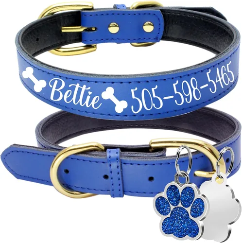 Vista 8 de LINMAGCO Collar reflectante personalizado para perro con campanas, estilo de cuero suave, resistente y ajustable, con placa de identificación Azul