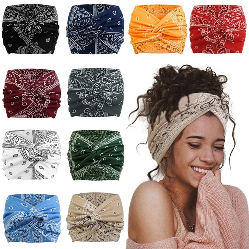 Vista 8 de AKTVSHOW Diademas de 7 pulgadas de ancho para mujer, paquete de 10 diademas grandes estilo turbante bohemio a la moda, bandas para el cabello