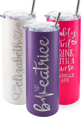 Vista 9 de Regalos de enfermera para mujeres, vaso personalizado para enfermera con nombre y especialidad, 20 onzas flacas, blanco, 8 diseños, con cepillo