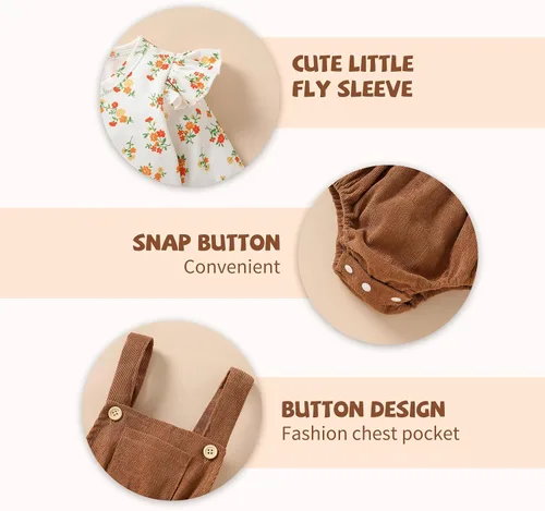 Vista 4 de Tiny Cutey Ropa de bebé recién nacida, mameluco de manga acampanada y overoles de pana, pantalones cortos, trajes de otoño para niña