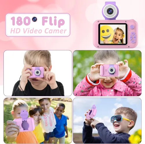 Vista 3 de Cámara para niños con lente giratoria de 180° para selfie y video, cámaras de video digitales HD para niños pequeños con tarjeta SD de 32 GB, ideal