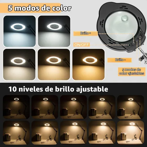 Vista 3 de Lupa con luz y abrazadera, lámpara de aumento de escritorio de 15X 10X, lupa de lente de cristal real de 84 LED, 5 modos de color regulable sin