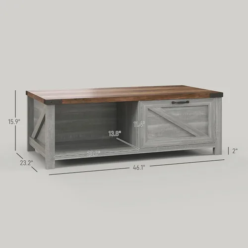 Vista 3 de HOMCOM Mesa de centro de granja con almacenamiento y cajón, mesa de centro rústica para sala de estar, estante abierto, gris envejecido