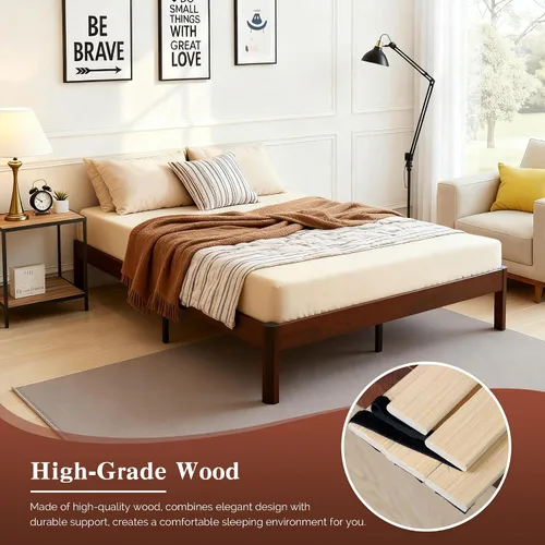Vista 4 de Base de cama de plataforma de tamaño matrimonial para dormitorio, marcos de cama de madera resistente de 14 pulgadas con listones de madera, fácil