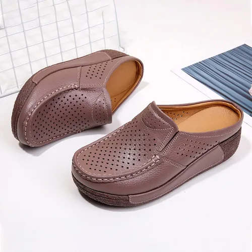 Vista 2 de UGOSELEC Sandalias de cuero transpirable para mujer, estilo casual, hueco, antideslizante, soporte de arco, sin cordones, zapatos de trabajo