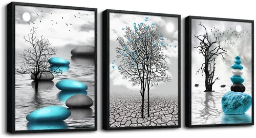 Vista 14 de Arte en lienzo enmarcado en negro para decoración de sala de estar y dormitorio - Pintura de pared de playa en blanco y negro - Imágenes de olas
