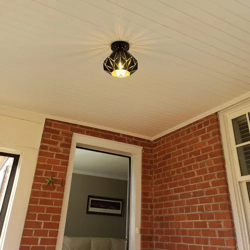 Vista 8 de Modern Geometric Ceiling Light, Black Metal Diamond Cage Design, Semi-Flush Mount, Industrial Style, E26, Matte Black with Gold Inside