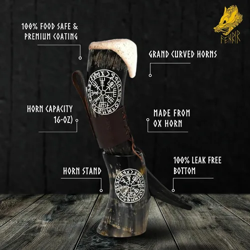 Vista 3 de FENRIR Cuerno vikingo para beber con soporte 16 oz – Regalos para hombres, papá, esposo – Taza natural de cuerno de buey con abrebotellas de Thor