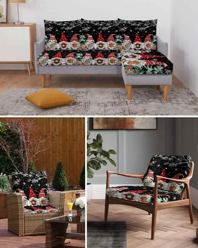 Vista 6 de Fundas de cojín elásticas negras para sofá de Navidad, seccional/individual/L/T, funda protectora para muebles con parte inferior elástica, gnomos