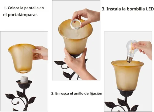 Vista 5 de Lámpara de mesa con control táctil con 2 puertos de carga USB, lámparas de mesita de noche regulables de 3 vías, pantalla de vidrio ámbar, lámpara