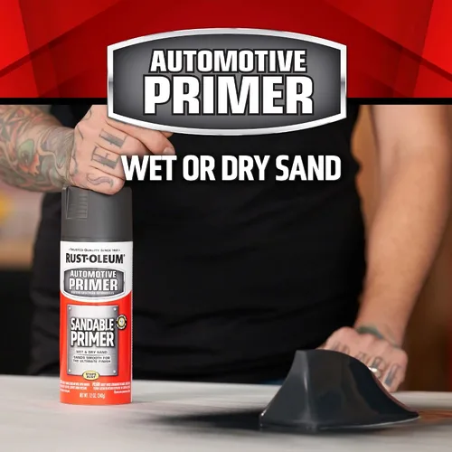 Vista 3 de Rust-Oleum 249418 Spray de imprimación lijable automotriz, 12 onzas, negro Preventivo de óxido Secado rápido Arena húmeda o seca Arena suave