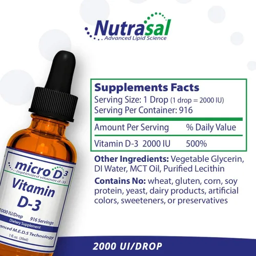 Vista 2 de Nutrasal Micro D3 Vitamina D-3 Gotas – Alto Concentrado (2 Millones de UI) Vitamina D3 con Nano Tecnología y hasta 10 veces más absorción -1 oz