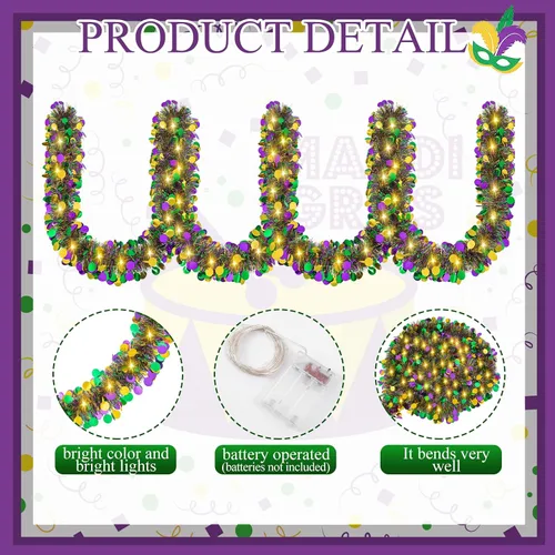 Vista 4 de Guirnalda de oropel de Mardi Gras de 20 pies/19.7 ft con luces LED, guirnalda metálica de oropel con pilas, guirnalda colgante de lámina colorida