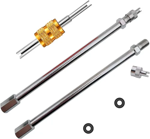 Vista 7 de Extensión de vástago de válvula de 4 pulgadas para ruedas duales, juego de 2 piezas, extensión de vástago de válvula de metal recta de 100 mm