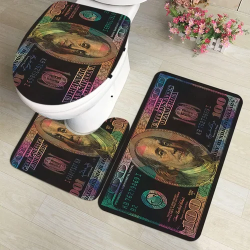 Vista 12 de GUBIYU Juego de alfombras de baño de 100 dólares, color negro y dorado, juego de alfombras de baño con dinero, tapete de baño antideslizante