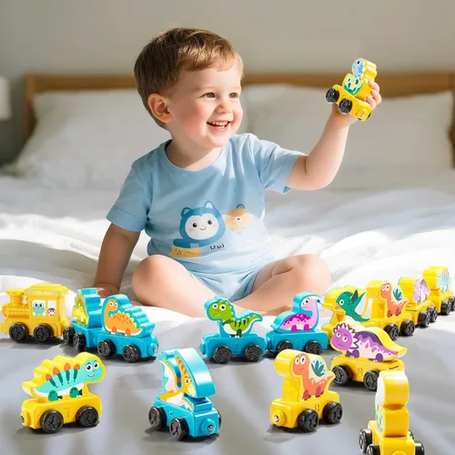 Vista 9 de JUKUDAHU Juguetes Magnéticos, juego de tren de dinosaurio para niños pequeños de 1, 2, 3, 4 años, juguetes de dinosaurio para niños, juguete