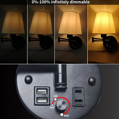 Vista 2 de Lámpara de Pared Enchufable con USB y Enchufe de 2 Pines, Luces de Montaje en Pared que se Enchufan con Cable e Interruptor, Luces de Montaje