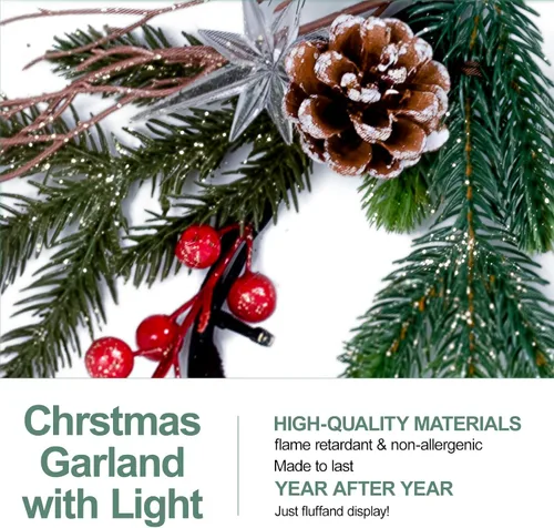 Vista 6 de Guirnalda de Navidad de 6.5 pies con luces de estrella, decoraciones de Navidad preiluminadas, guirnalda iluminada con batería, vegetación más densa