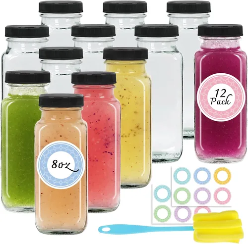 Vista 10 de NEWMIAO 3 paquete de 8 onzas Botellas de jugo de vidrio con tapas, 250 ml Botellas de agua de vidrio reutilizables, recipientes de bebida vacíos