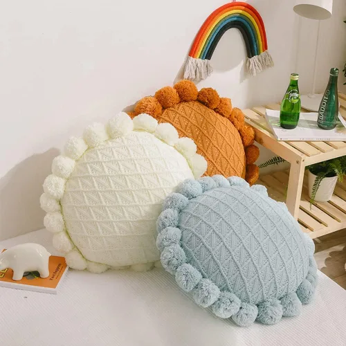 Vista 5 de vctops Lindos pompones de punto almohadas con inserto geométrico, cojín redondo suave para sofá cama (azul, diámetro de 20 pulgadas)