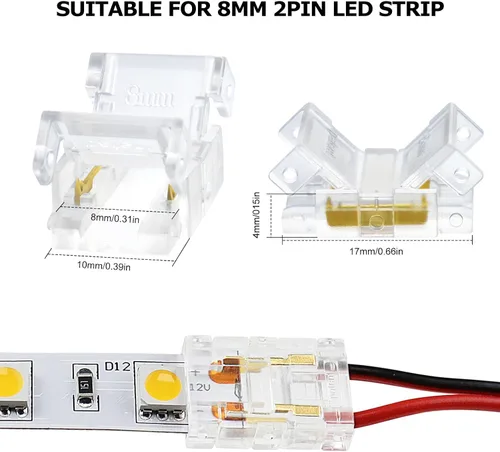 Vista 2 de LightingWill Conectores LED de 2 pines de 0.315 in, 10 unidades, conector de tira a cable, transparente, sin soldadura, conector de luz de cinta