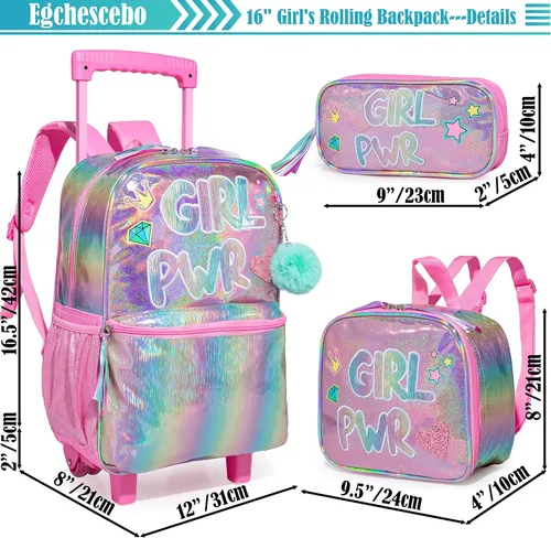 Vista 2 de Egchescebo Mochila con ruedas para niñas de 16 pulgadas, 3 unidades, Arco iris, lg-lpg