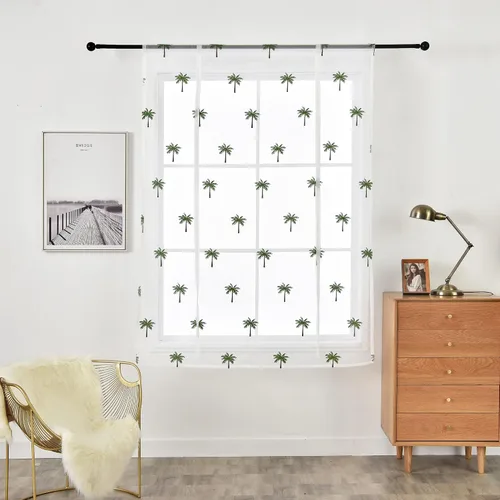 Vista 3 de 1 cortina romana con bolsillo para barra, bordado de árbol de coco para cuarto de bebé, dormitorio, sala de estar, puerta, cocina, baño, decoración