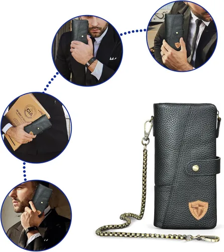 Vista 6 de Genuino caballo loco cuero viaje regalo moneda bolsillo tarjeta caso largo organizador cadena Rfid monedero con broche para hombres hombres 1803